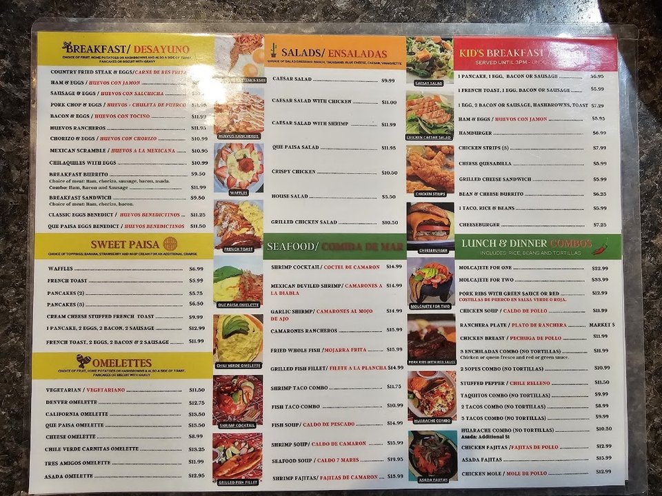 Menu page with tacos, burritos, and breakfast plates.