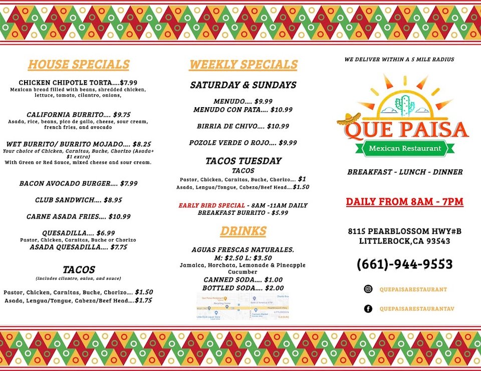 Breakfast and lunch menu with Mexican favorites.